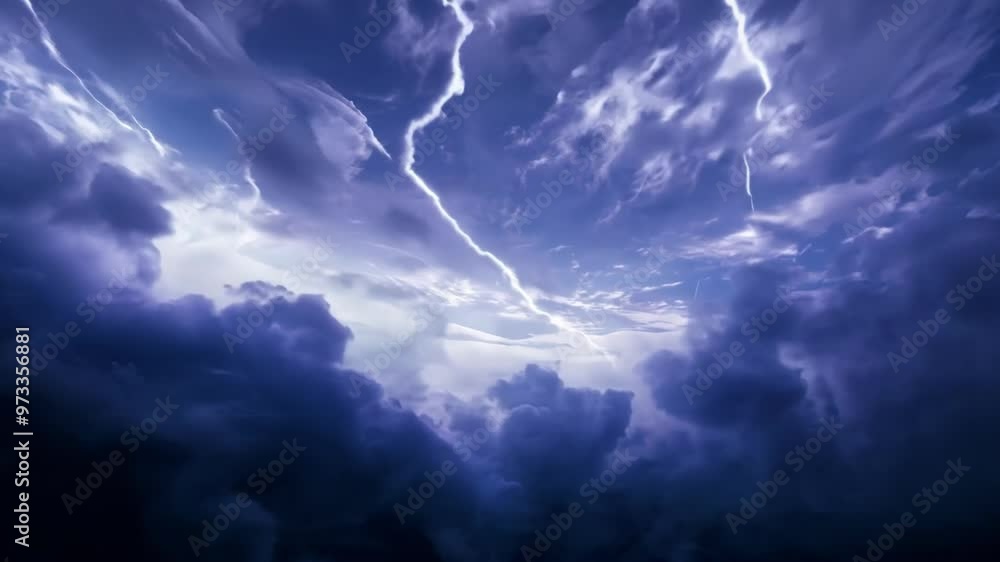 Poster lightning bolts are illuminating dark clouds creating a dramatic and powerful atmosphere. the intens