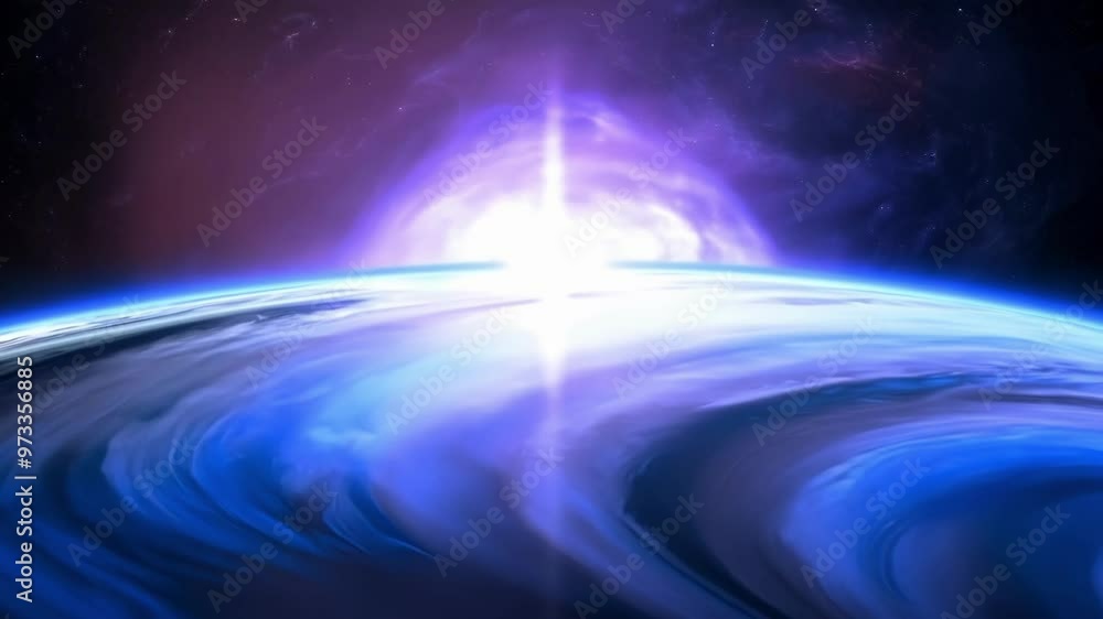 Poster blue planet is orbiting around a bright star, with a purple nebula in the background. the image evok