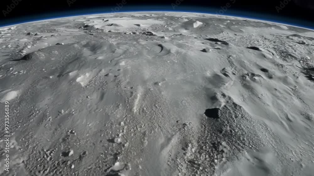 Poster spacecraft is orbiting showing the moon surface with craters, a view of the final frontier for space