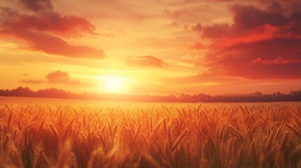 Obraz premium Golden wheat field at sunset with a fiery sky.