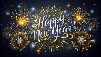 Vibrant fireworks and confetti explosion behind a modern, cursive "Happy New Year" signature in metallic silver and gold ink on a dark background.