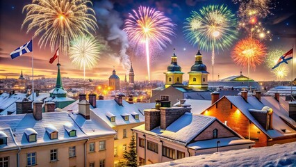 Vibrant fireworks burst above Helsinki's snow-covered rooftops as festive lights and flags adorn buildings, celebrating the start of a fresh Finnish New Year's Eve.