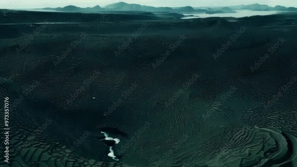 Poster aerial view of turquoise water against dark sand dunes, creating natural contrast. flowing water add