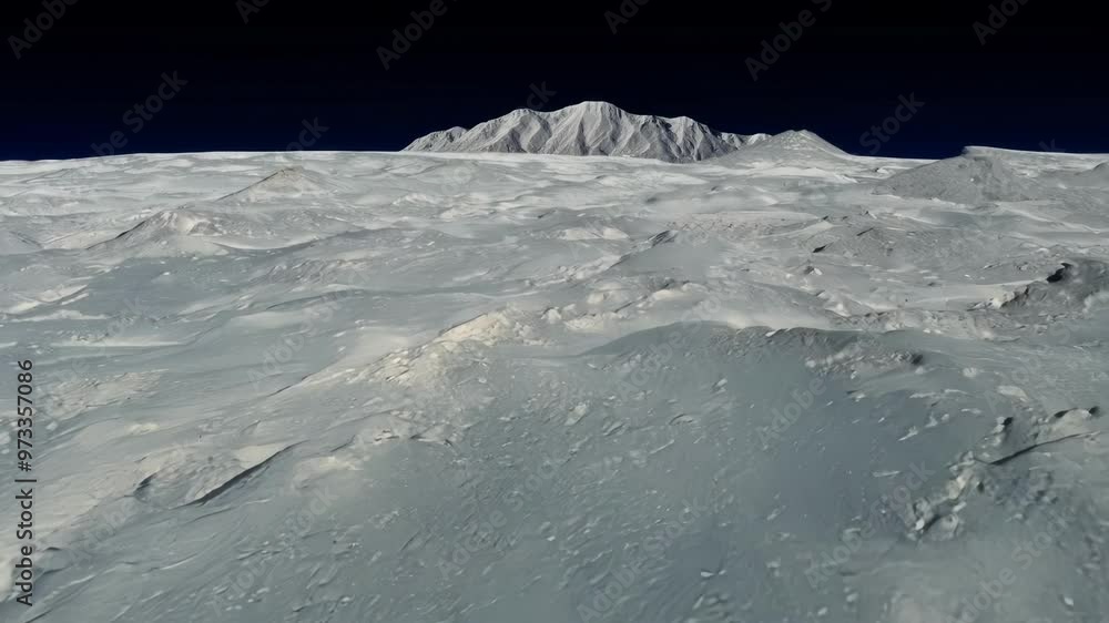 Poster Wide, desolate snowscape stretches towards a distant mountain range, the deep blue of the sky emphasizing the vastness of the scene