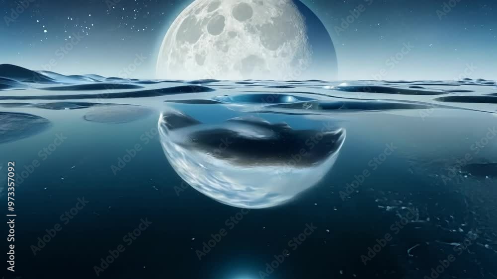 Poster giant sphere is emerging from water surface with full moon and starry night above, creating a myster