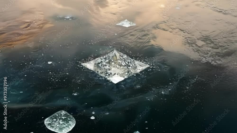 Poster Ice pieces peacefully float on water, creating a serene abstract composition with cool blue and brown tones, reflecting light and hinting at a galaxy like landscape