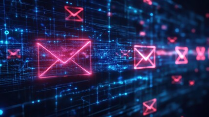 Glowing Digital Email Icons in Web Network