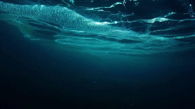 Rays of sunlight are filtering through the surface of a deep blue ocean, creating an ethereal and otherworldly underwater scene