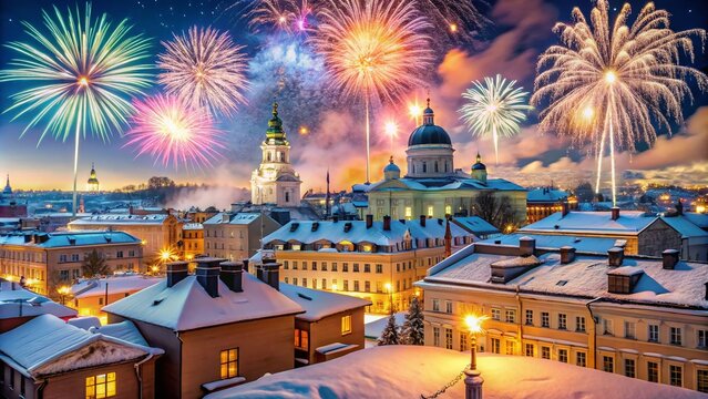 Vibrant fireworks explode above Helsinki's snowy rooftops as twinkling lights and festive decorations adorn buildings, capturing the magic of a Finnish New Year's Eve celebration.