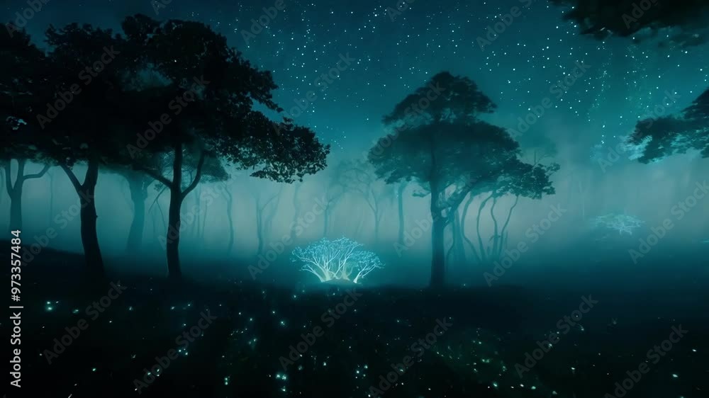 Aufkleber Mysterious tree glowing in a dark forest at night, surrounded by fog and illuminated by fireflies, creating a magical atmosphere