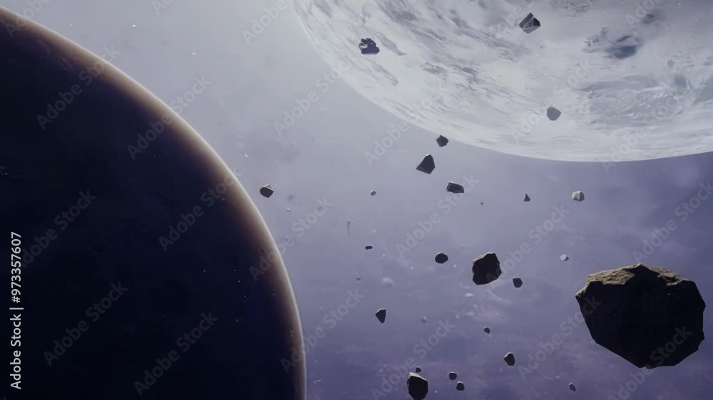 Poster dark and desolate planet is shown orbiting through a vast and treacherous asteroid field, highlighti