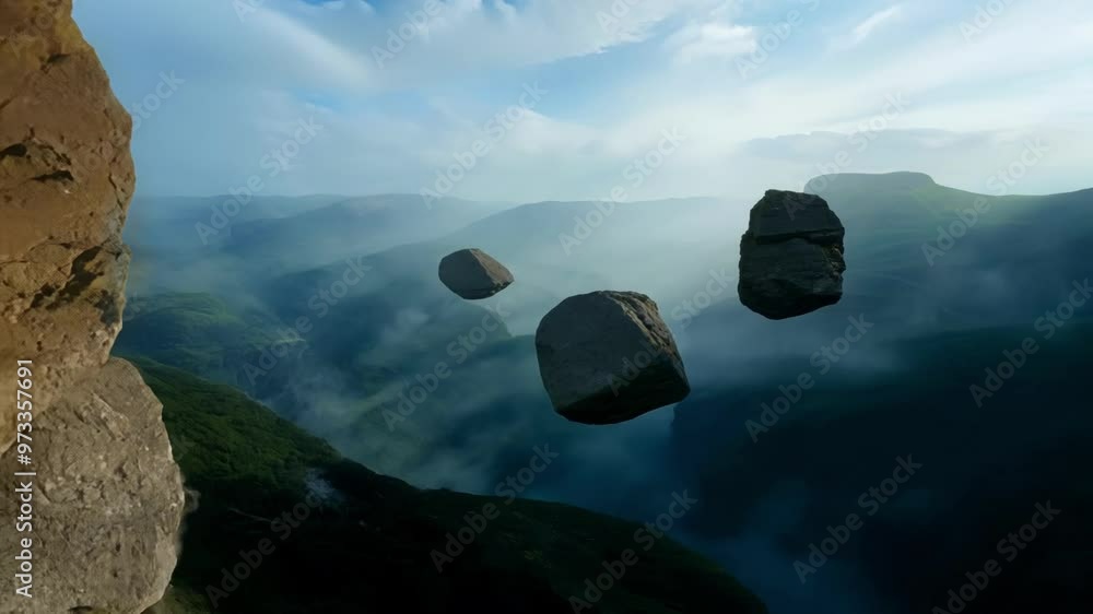 Poster three rocks are floating over a mountain valley with clouds moving through the scene. the rocks are 