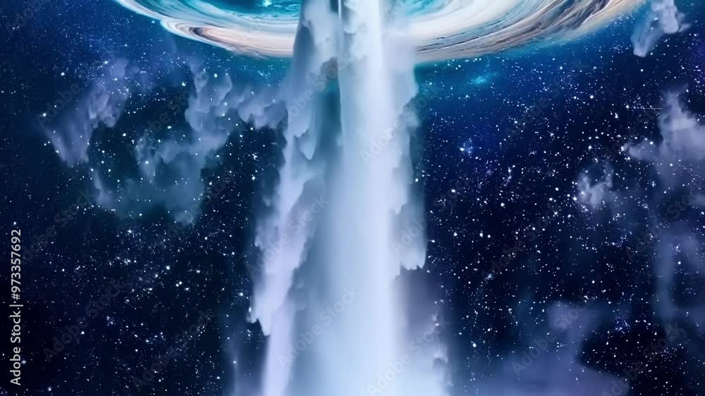 Poster Majestic waterfall cascading under a starry night sky, creating a mesmerizing scene of nature's power and energy. Perfect for exploring the universe's beauty