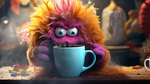 Coffee monster with crazy eyes. Cute character with caffeine energy, very excited