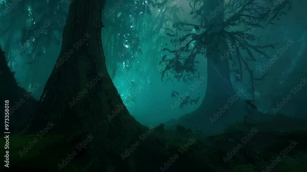 Poster spooky forest at night, shrouded in dense fog and lit by an eerie green glow, creating a serene yet 