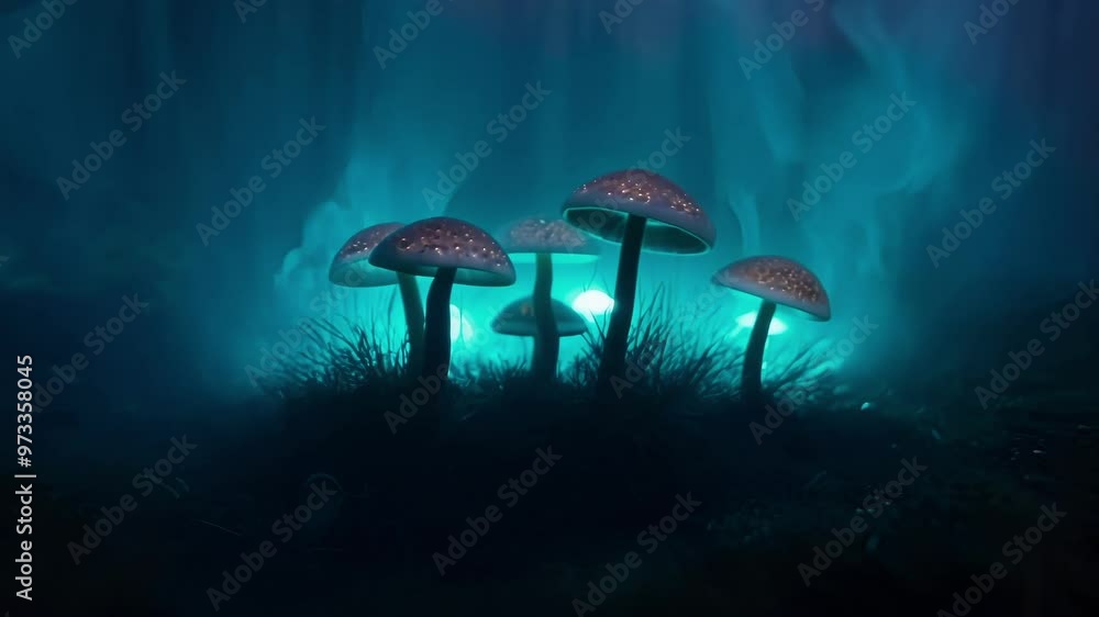 Poster mysterious ambiance with luminous mushrooms growing in a dark forest at night, creating a magical an