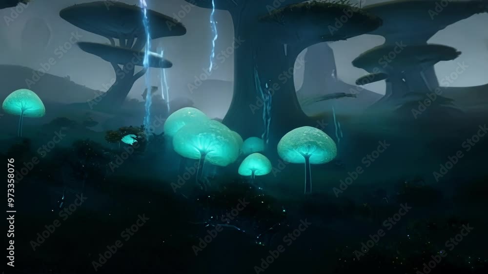 Poster Bioluminescent mushrooms are growing in the undergrowth of an alien forest bathed in fog and lit by a flowing waterfall