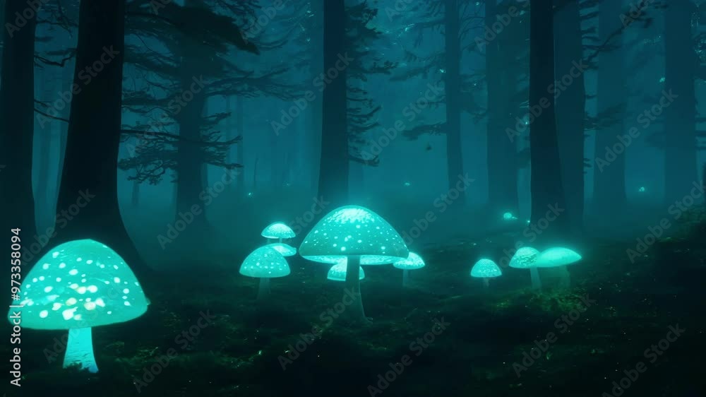 Fototapete group of glowing mushrooms illuminates a dark and mysterious forest at night, creating a magical and