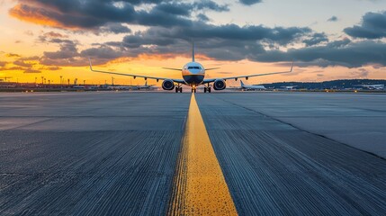 Airplane taxiing on a runway at an airport, marked by a prominent yellow line.