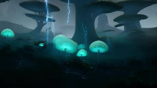 Bioluminescent mushrooms are growing in the undergrowth of an alien forest bathed in fog and lit by a flowing waterfall