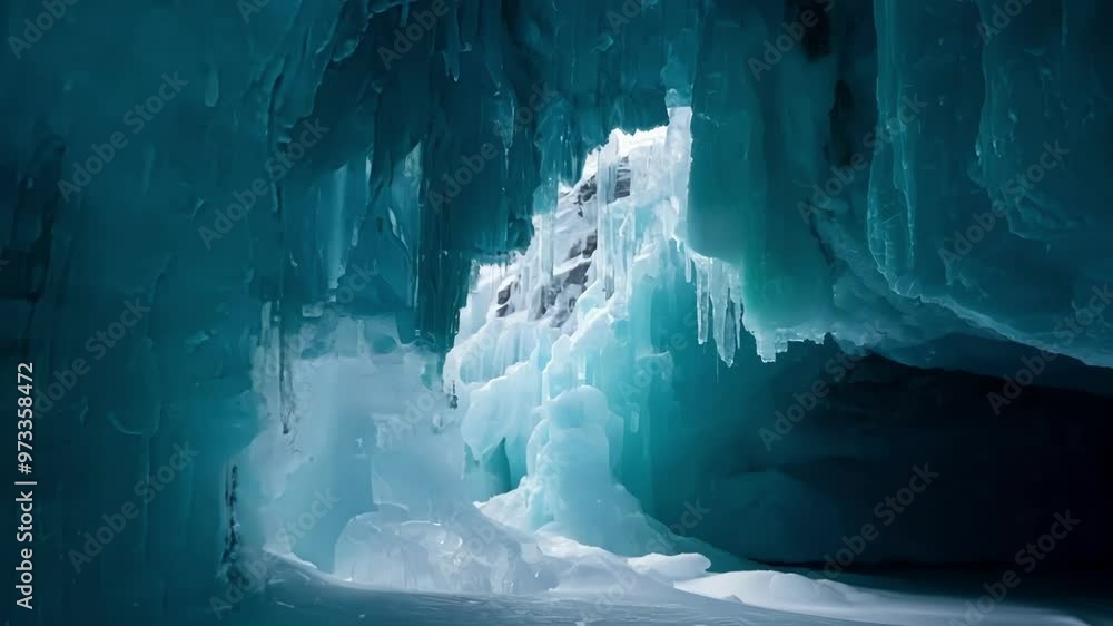 Poster sun shining through the opening of a turquoise ice cave, illuminating icicles hanging from the ceili
