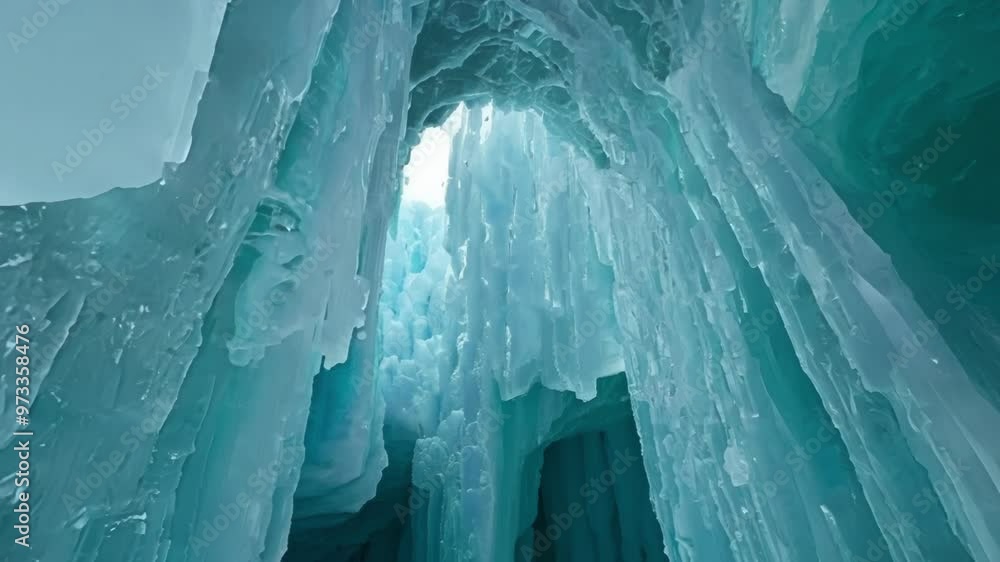 Poster Sunlight is shining through a ceiling opening in a turquoise ice cave, creating a beautiful natural texture. The smooth, icy walls create a sense of wonder and adventure