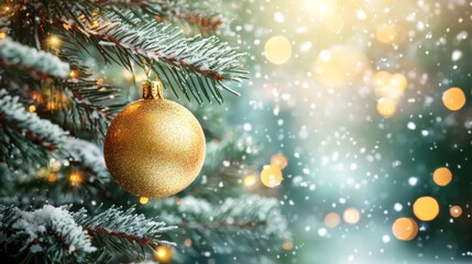 Obraz premium Festive Christmas tree with decorations with glittery baubles, frosted evergreen branches, illuminated by warm lights on a blur background. Merry Christmas banner and poster