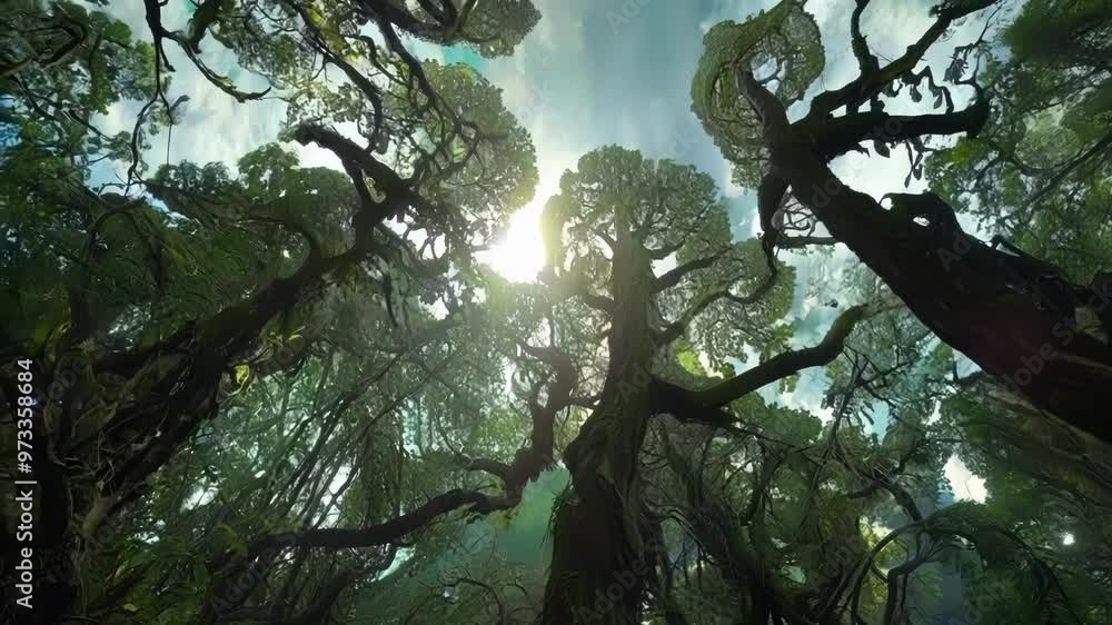 Poster the sun shines through lush green foliage in a dense forest, creating a mesmerizing play of light an