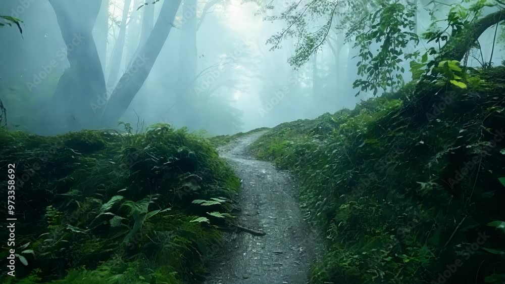 Poster Winding dirt path through a dense. Green forest with sunlight filtering through fog