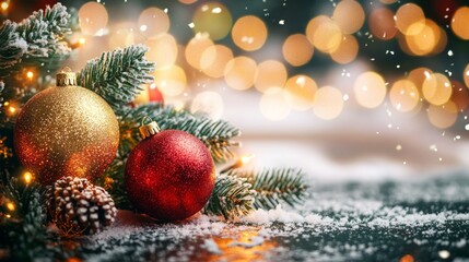 Obraz premium Festive Christmas tree with decorations with glittery baubles, frosted evergreen branches, illuminated by warm lights on a blur background. Merry Christmas banner and poster