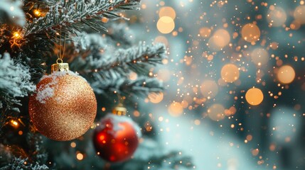 Festive Christmas tree with decorations with glittery baubles, frosted evergreen branches, illuminated by warm lights on a blur background. Merry Christmas banner and poster