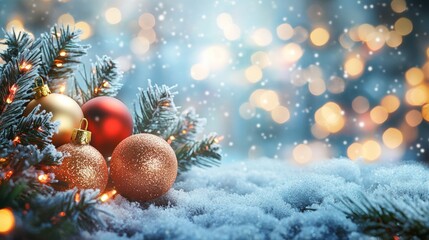 Fototapeta premium Festive Christmas tree with decorations with glittery baubles, frosted evergreen branches, illuminated by warm lights on a blur background. Merry Christmas banner and poster