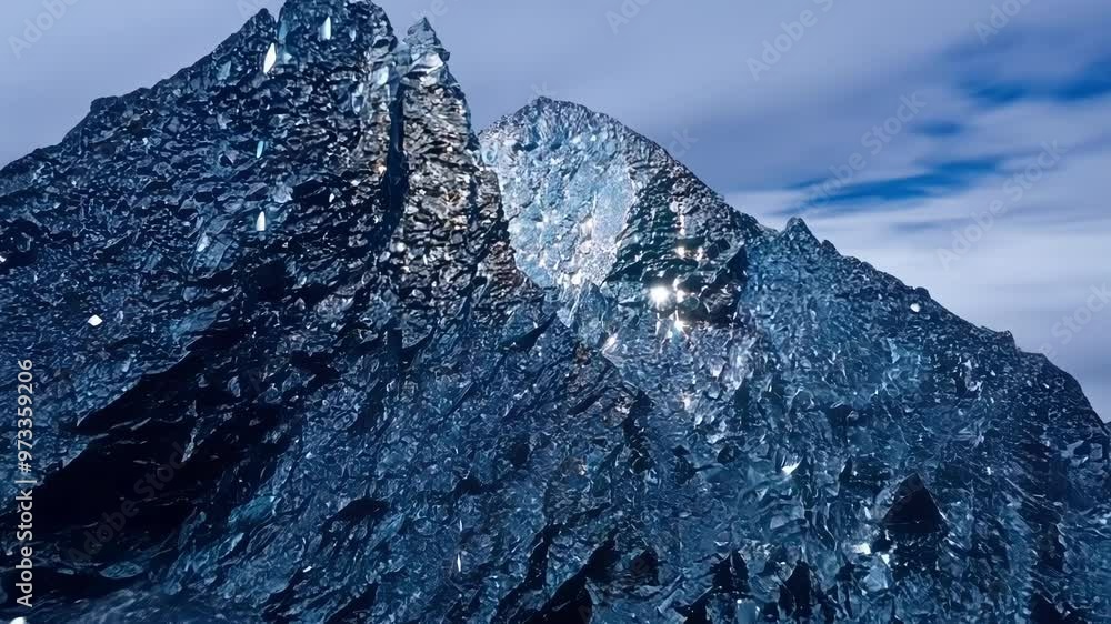 Poster towering iceberg is reflecting the blue hues of the sky while clouds are moving fast above. the sunl