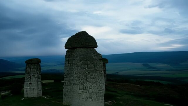 Several ancient turkic stone statues with inscriptions are standing on a hilltop, overlooking a vast green valley under a dramatic twilight sky