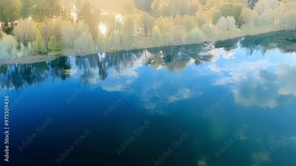 Poster Mesmerizing upside down reflection of blue sky and fluffy clouds in calm water, creating illusion of infinite space. Serene and tranquil, perfect for backgrounds or textures