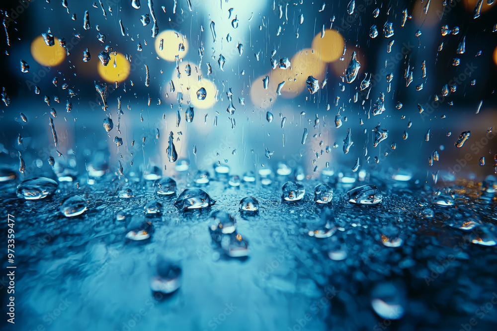 Poster raindrops falling steadily on a windowpane, creating a rhythmic patter. concept of rain's calming ef