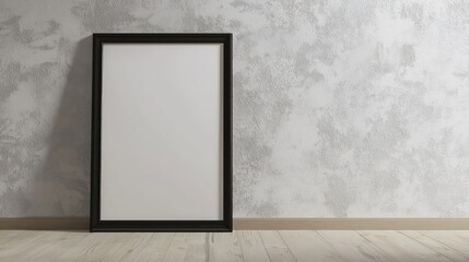 An empty black frame with a mat on a wooden floor against a white wall, sized 40x50 cm (16 x 20 inches), ideal for poster or art display mockups, rendered in 3D.