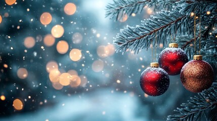 Obraz premium Festive Christmas tree with decorations with glittery baubles, frosted evergreen branches, illuminated by warm lights on a blur background. Merry Christmas banner and poster