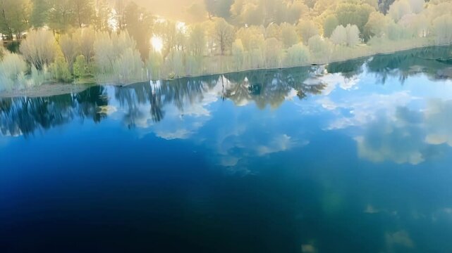 Mesmerizing upside down reflection of blue sky and fluffy clouds in calm water, creating illusion of infinite space. Serene and tranquil, perfect for backgrounds or textures