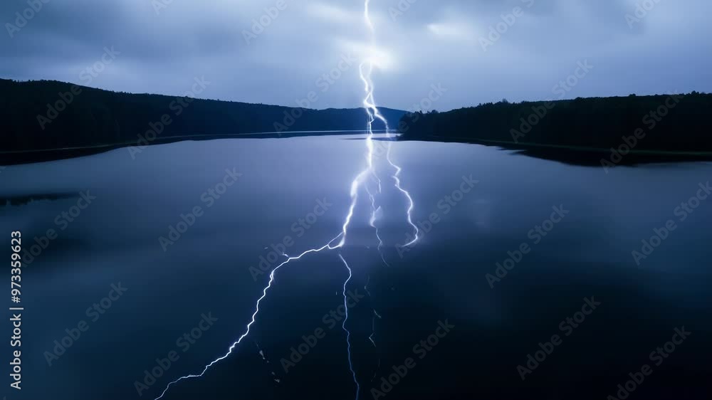 Aufkleber lightning is striking the surface of a calm lake at night, illuminating the dark sky and surrounding