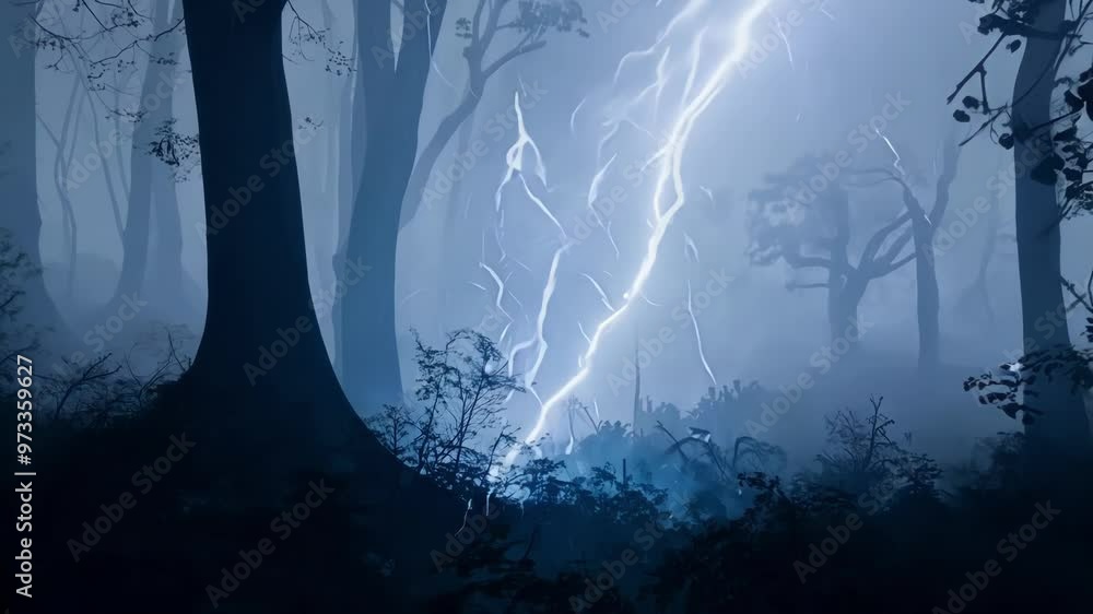 Poster Lightning bolt illuminates a foggy forest at night, creating a spooky atmosphere with a hint of danger. The blue light cuts through the fog, highlighting the storm's power
