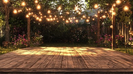 Fototapeta premium An empty wooden stage in a garden, decorated with fairy lights, prepared for a party or event, offering a festive and inviting outdoor setting, rendered in 3D.