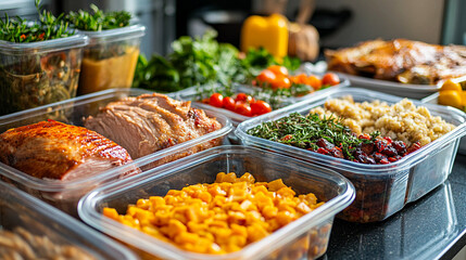 Colorful meal prep containers filled with various nutritious dishes on a kitchen counter
