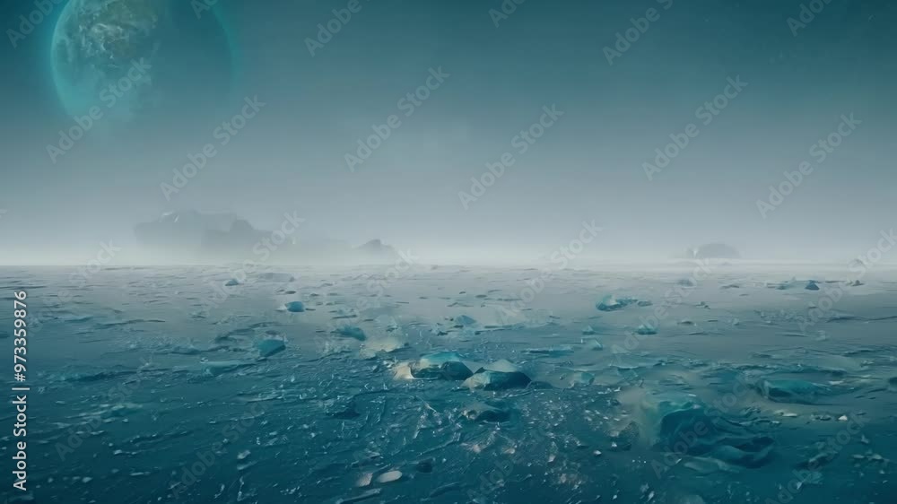 Poster frozen ocean planet with large ice formations jutting out of the water, reflecting the light of a cl
