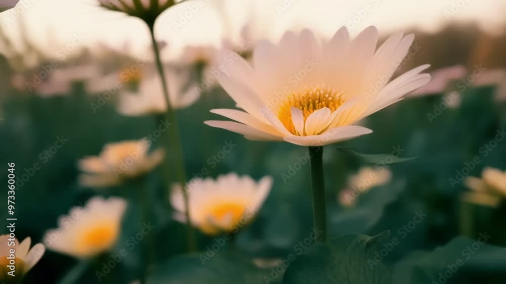 Poster Beautiful flowers are growing in a field, illuminated by the warm light of the setting sun, creating a dreamy and ethereal atmosphere