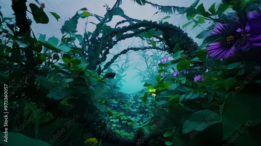 Poster mysterious and inviting path winds through a magical forest, surrounded by vibrant red and purple fl