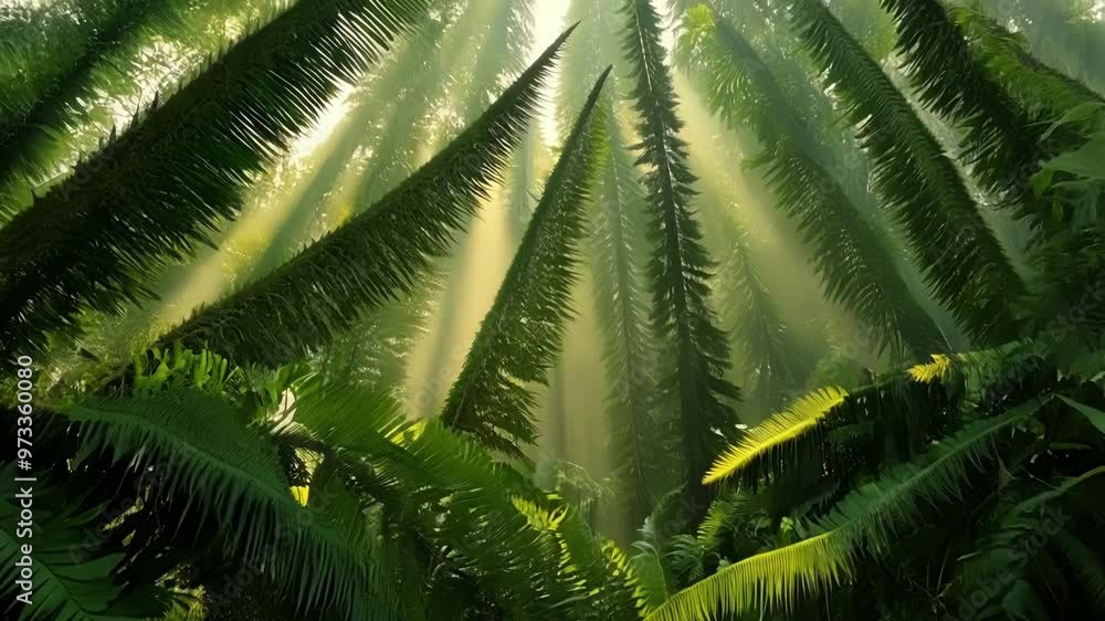 Poster sunlight filters through vibrant ferns in a lush rainforest, creating a serene atmosphere. the natur