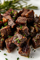 A plate of meat with herbs on top. The meat is cut into small pieces and he is seasoned with herbs. The herbs are scattered around the meat, giving it a fresh and appetizing appearance