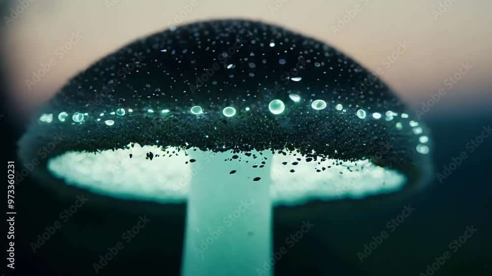 Aufkleber Light shining through a mushroom cap, creating a magical and otherworldly scene with glowing dots. The unique perspective emphasizes the delicate details of nature