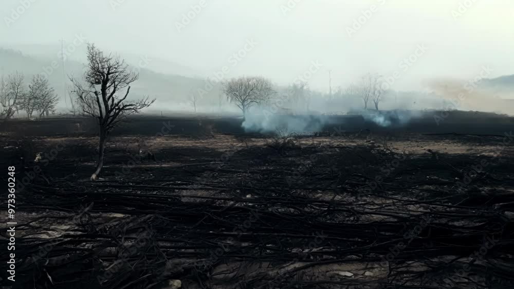 Poster smoke lingers heavily over burnt trees and debris after a devastating wildfire, highlighting dangers